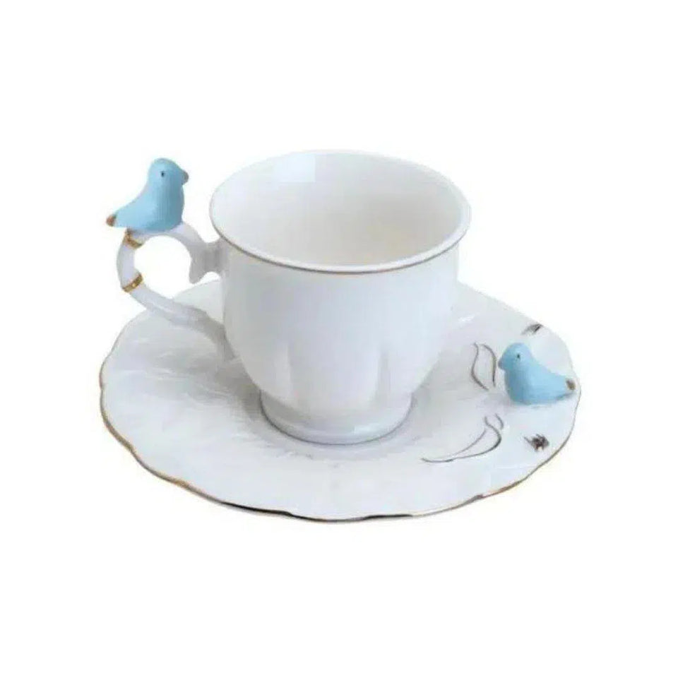 Kit com 6 Xícaras de Café Com Pires Porcelana Birds Round Plate Colorido 100ml