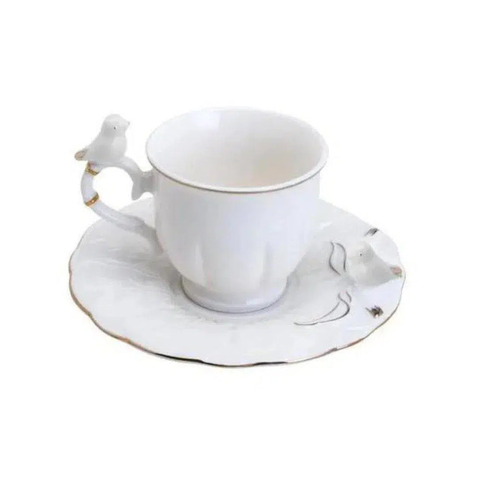 Kit com 6 Xícaras de Café Com Pires Porcelana Birds Round Plate Colorido 100ml