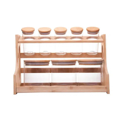 Kit com 8 Potes de Vidro Borossilicato com Tampa Hermética e Rack em Bambu Wolff