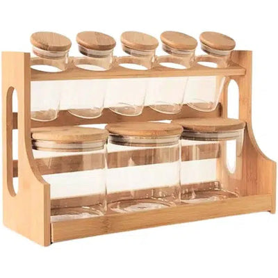 Kit com 8 Potes de Vidro Borossilicato com Tampa Hermética e Rack em Bambu Wolff