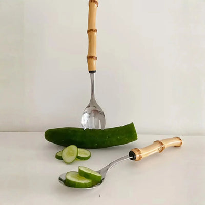 Kit com Talheres p/ Salada em Bambu Natural