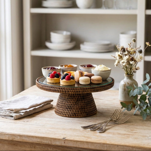 Boleira Grande 45cm em Rattan com Tampo em Vidro Bahali