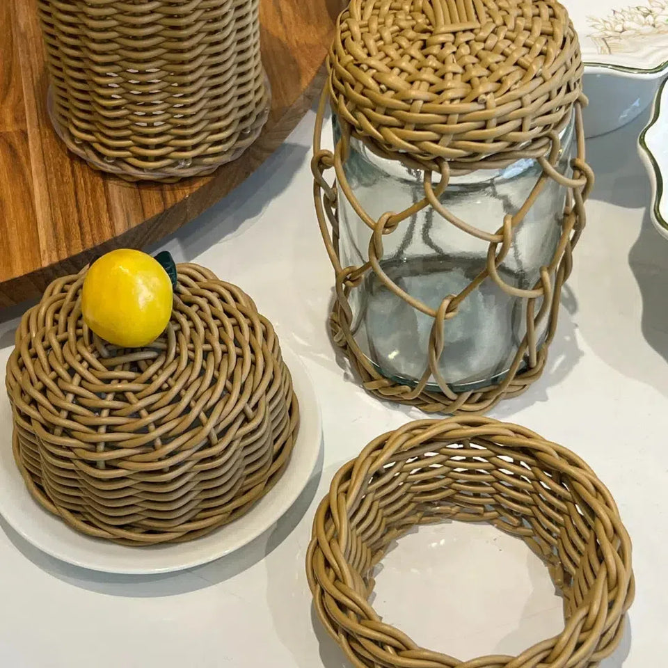 Manteigueira Limão de Porcelana e Vime Trançado Caramelo