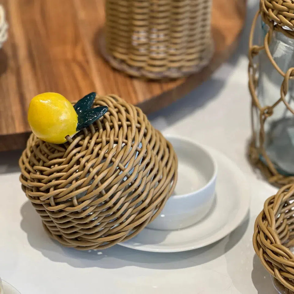 Manteigueira Limão de Porcelana e Vime Trançado Caramelo