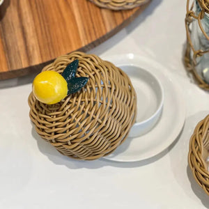 Manteigueira Limão de Porcelana e Vime Trançado Caramelo