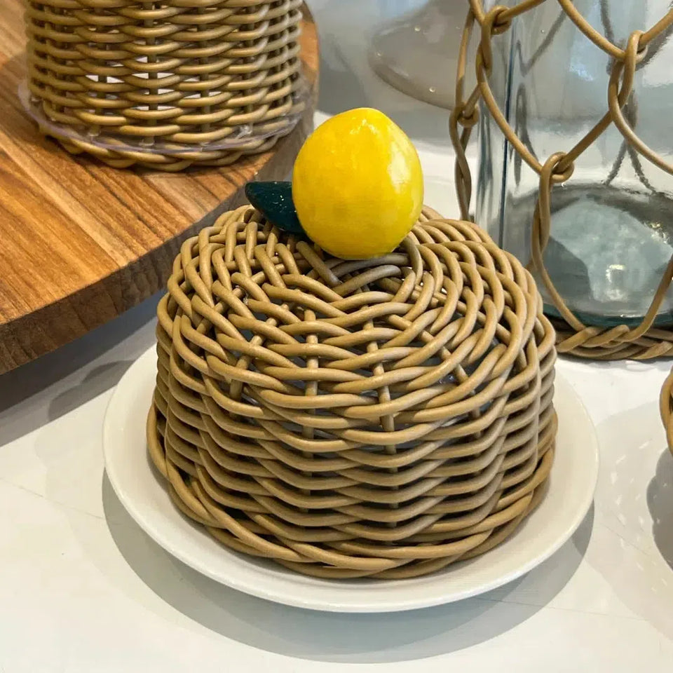 Manteigueira Limão de Porcelana e Vime Trançado Caramelo