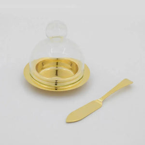 Manteigueira Ravena Inox Revestido em Ouro 24k com Espátula e Tampa de Vidro Riva
