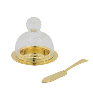 Manteigueira Ravena Inox Revestido em Ouro 24k com Espátula e Tampa de Vidro Riva