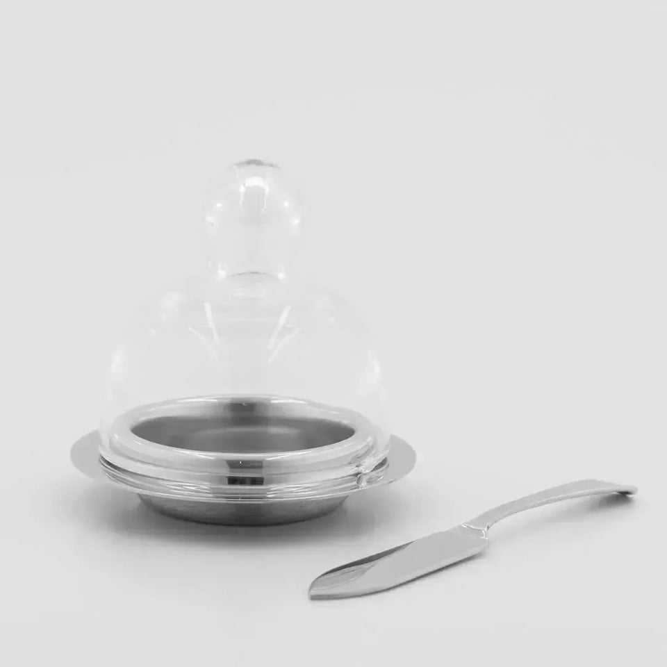 Manteigueira Ravena Inox com Espátula e Tampa de Vidro Riva
