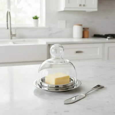 Manteigueira Ravena Inox com Espátula e Tampa de Vidro Riva