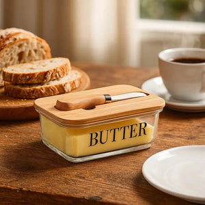 Manteigueira de Vidro com Tampa e Espátula de Bambu Basic 15x11x5cm