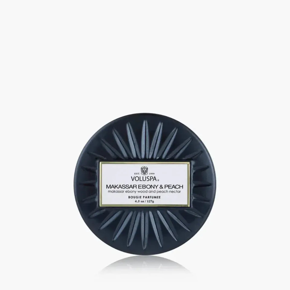 Mini Vela Voluspa Lata Makassar Ebony e Peach 25 Horas