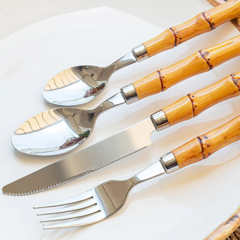 OUTLET: Faqueiro 24pc. Aço Inox Com Cabo Em Resina Texturizada Bambu Premium