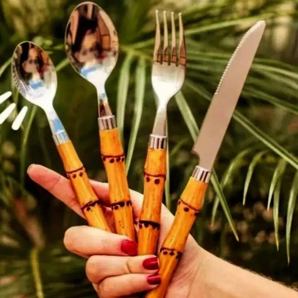 OUTLET: Faqueiro 24pc. Aço Inox Com Cabo Em Resina Texturizada Bambu Premium