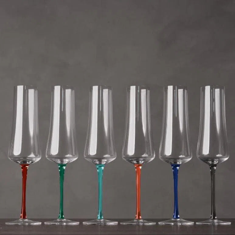 OUTLET: Kit com 6 Taças para Espumante em Cristal Sommelier 210ml Hastes Coloridas