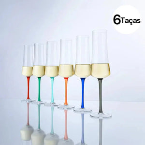 OUTLET: Kit com 6 Taças para Espumante em Cristal Sommelier 210ml Hastes Coloridas