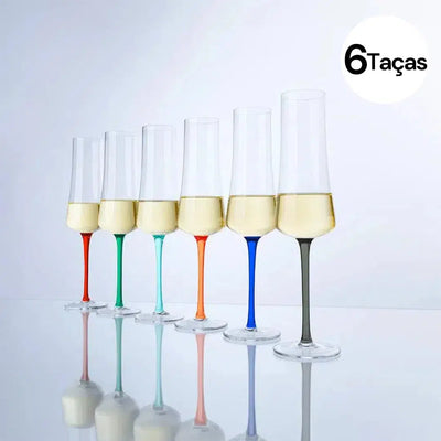 OUTLET: Kit com 6 Taças para Espumante em Cristal Sommelier 210ml Hastes Coloridas