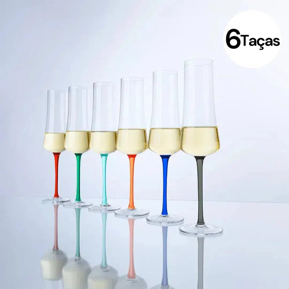 OUTLET: Kit com 6 Taças para Espumante em Cristal Sommelier 210ml Hastes Coloridas