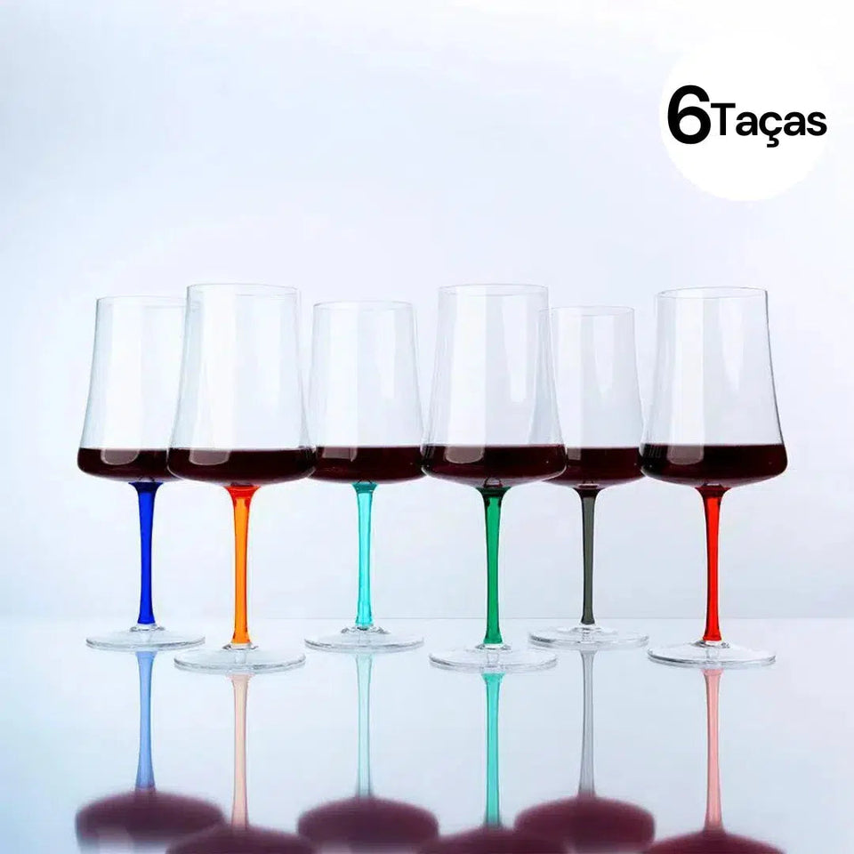 OUTLET: Kit com 6 Taças para Vinho em Cristal Sommelier 560ml Hastes Coloridas