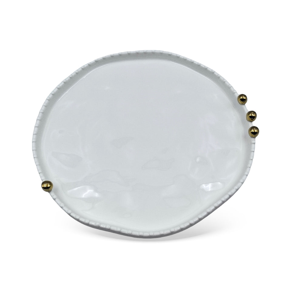 Bandeja Lavabo Porcelana Branca Aurora Borda Texturizada Dourada 3,5 x 28cm
