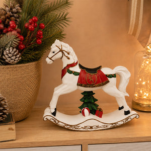 Adorno Decorativo Natal Resina Cavalo de Balanço Branco 25x7x27cm