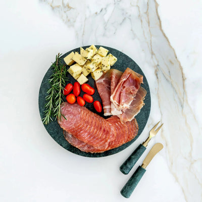 PRÉ-VENDA: Bandeja Redonda Green Marble Pés Dourado