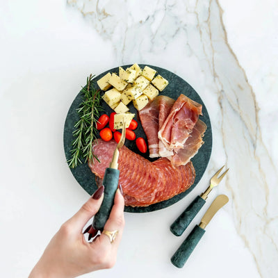 PRÉ-VENDA: Bandeja Redonda Green Marble Pés Dourado