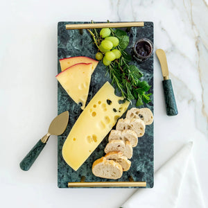 PRÉ-VENDA: Bandeja Retangular Green Marble Alça Dourada