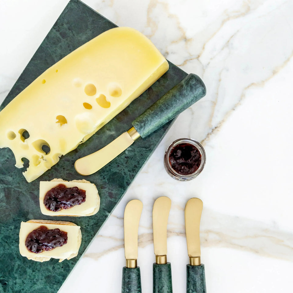 PRÉ-VENDA: Bandeja Retangular Green Marble e Faca Dourada