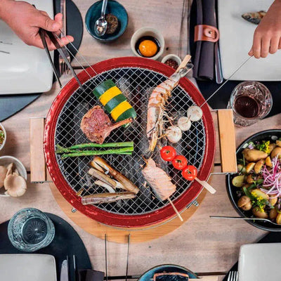 PRÉ-VENDA: Churrasqueira Portátil Hibachi Redonda Vermelha Artemano