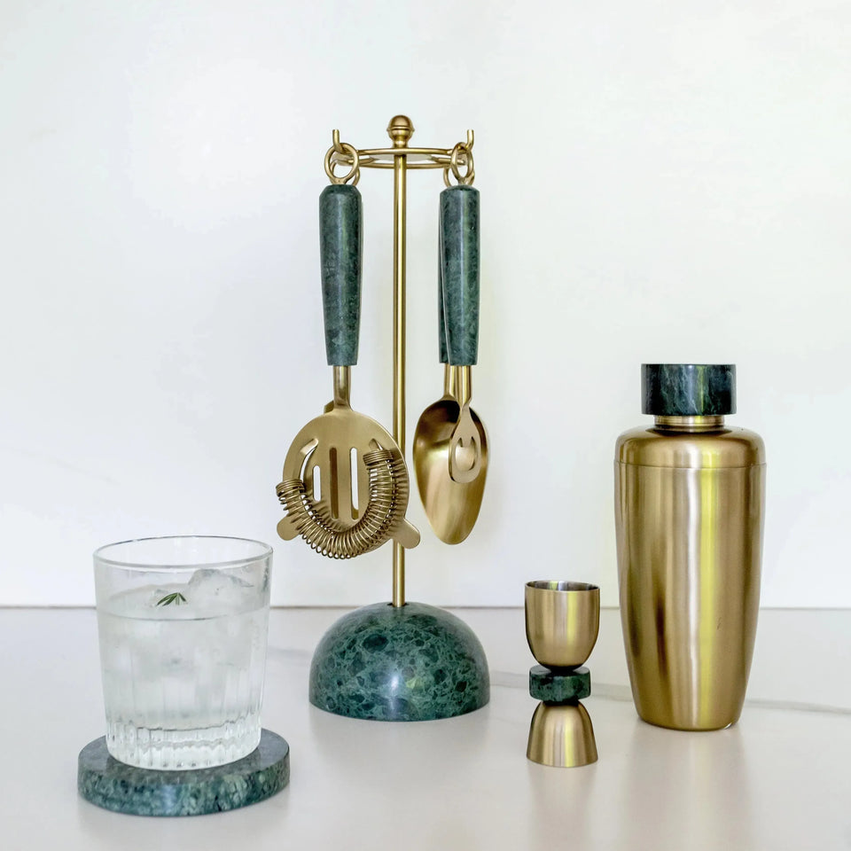 PRÉ-VENDA: Conjunto 4 Peças Bar com Suporte Acabamento Dourado Green Marble