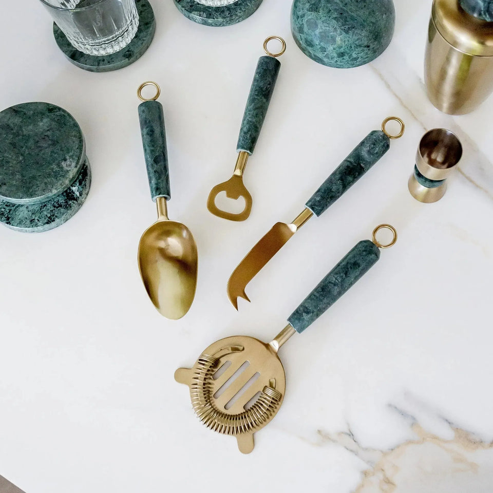PRÉ-VENDA: Conjunto 4 Peças Bar com Suporte Acabamento Dourado Green Marble