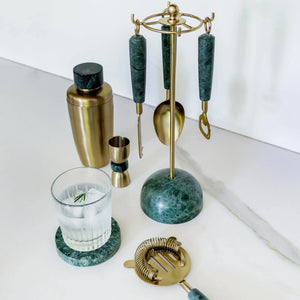 PRÉ-VENDA: Conjunto 4 Peças Bar com Suporte Acabamento Dourado Green Marble