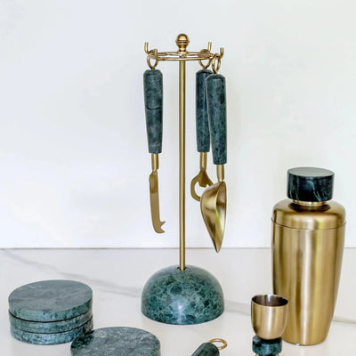 PRÉ-VENDA: Conjunto 4 Peças Bar com Suporte Acabamento Dourado Green Marble