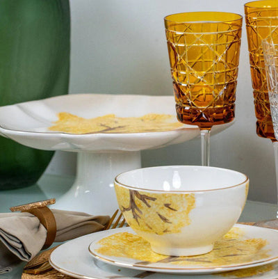 PRÉ-VENDA: Jogo 6 Bowls Cerâmica Ypê Amarelo com Filete de Ouro 450ml 7cm Scalla