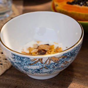 PRÉ-VENDA: Jogo 6 Bowls Cerâmica Ypê Azul com Filete de Ouro 450ml 7cm Scalla