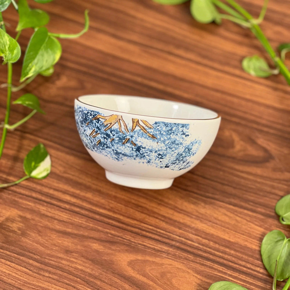 PRÉ-VENDA: Jogo 6 Bowls Cerâmica Ypê Azul com Filete de Ouro 450ml 7cm Scalla