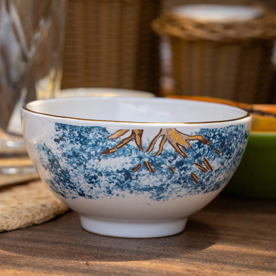 PRÉ-VENDA: Jogo 6 Bowls Cerâmica Ypê Azul com Filete de Ouro 450ml 7cm Scalla