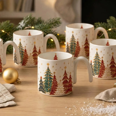 PRÉ-VENDA: Jogo 6 Canecas Cerâmica Filete Dourado Bosque Encantado 300ml Scalla