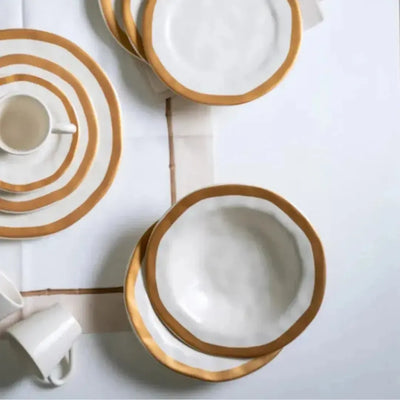 PRÉ-VENDA: Jogo 6 Pratos Fundos Cerâmica Bege com Filete Amassada Cerâmica 22cm Scalla