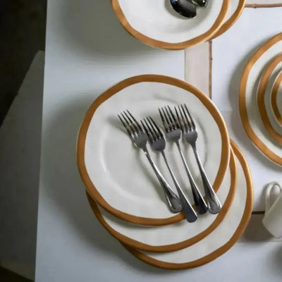 PRÉ-VENDA: Jogo 6 Pratos Rasos Cerâmica Bege com Filete Amassada 27cm Scalla