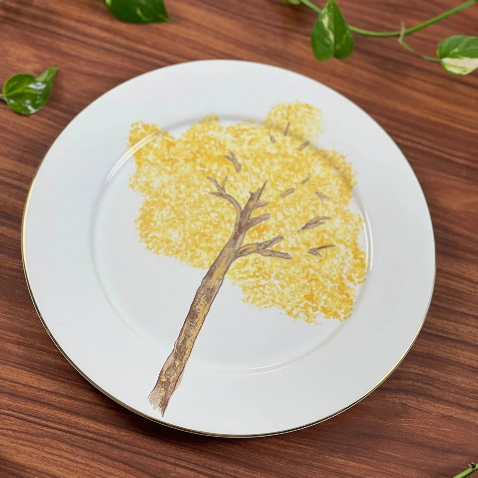 PRÉ-VENDA: Jogo 6 Pratos Rasos Cerâmica Ypê Amarelo com Filete de Ouro 28cm Scalla