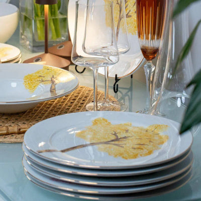 PRÉ-VENDA: Jogo 6 Pratos Rasos Cerâmica Ypê Amarelo com Filete de Ouro 28cm Scalla