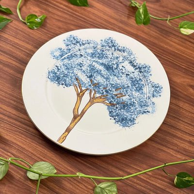 PRÉ-VENDA: Jogo 6 Pratos Rasos Cerâmica Ypê Azul com Filete de Ouro 28cm Scalla