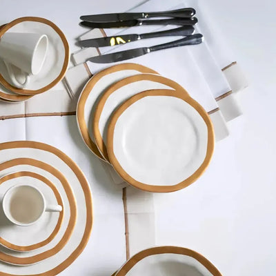 PRÉ-VENDA: Jogo 6 Pratos de Sobremesa Cerâmica Bege com Filete Amassada 20cm Scalla