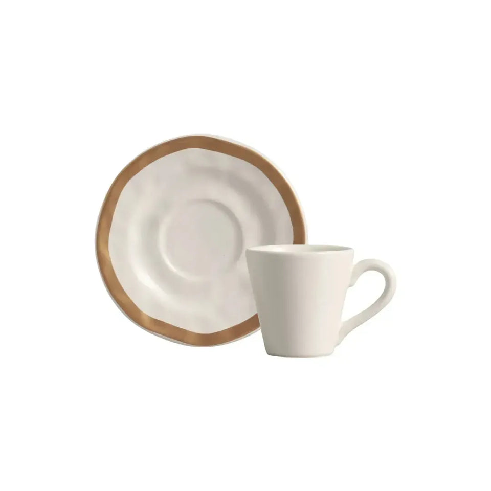 PRÉ-VENDA: Jogo 6 Xícaras de Chá com Pires Cerâmica Bege com Filete Amassada 150ml Scalla