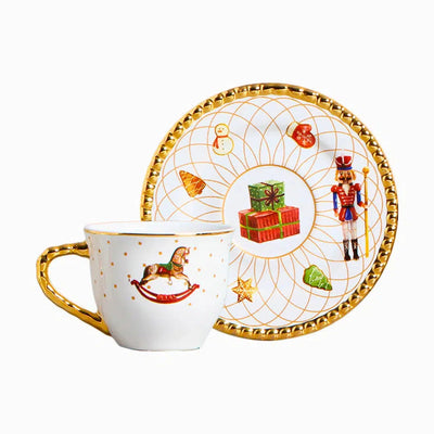PRÉ-VENDA: Jogo 6 Xícaras de Chá com Pires Cerâmica Toys Christmas com Ouro 200ml Scalla
