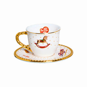 PRÉ-VENDA: Jogo 6 Xícaras de Chá com Pires Cerâmica Toys Christmas com Ouro 200ml Scalla