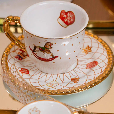 PRÉ-VENDA: Jogo 6 Xícaras de Chá com Pires Cerâmica Toys Christmas com Ouro 200ml Scalla