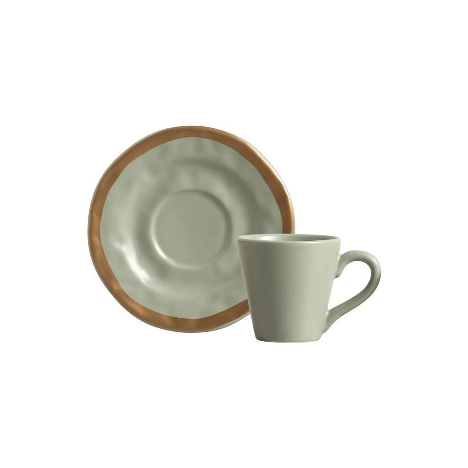 PRÉ-VENDA: Jogo 6 Xícaras de Chá com Pires Cerâmica Verde com Filete Amassada 150ml Scalla